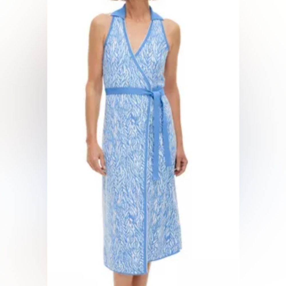 NWT Diane Von Furstenberg  XL Collared Sleeveless Sea Twig Blue Wrap Knit Dress